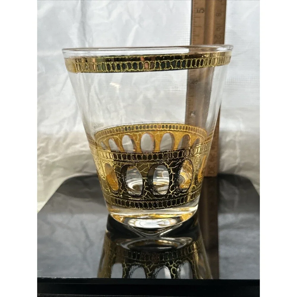 Culver LTD 22K Gold Roman Arch Lowball Glass 4” Mid Century Barware Heavy Base